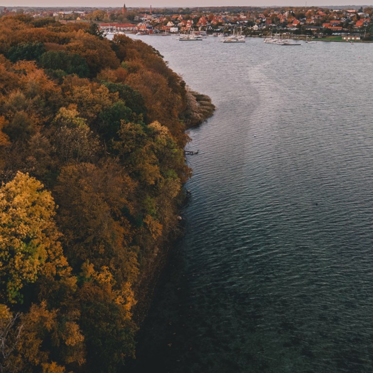 Luftfoto af Vordingborg By og Oringepynten i efterårsfarver